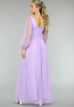 Paarse Glitter Maxi Jurk met Mesh Mouwen