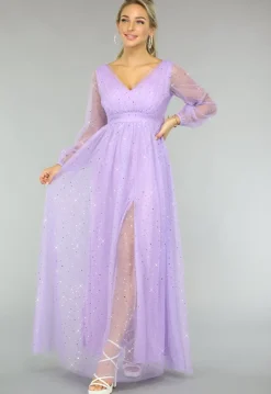 Paarse Glitter Maxi Jurk met Mesh Mouwen