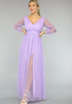 Paarse Glitter Maxi Jurk met Mesh Mouwen