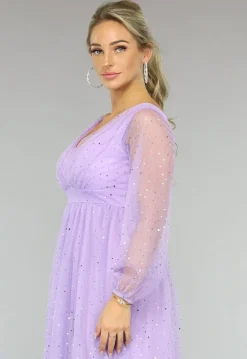 Paarse Glitter Maxi Jurk met Mesh Mouwen