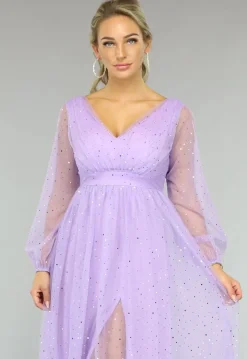 Paarse Glitter Maxi Jurk met Mesh Mouwen