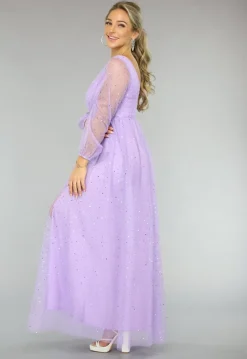 Paarse Glitter Maxi Jurk met Mesh Mouwen