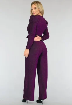 Paarse Glitter Puff Jumpsuit met Tailleband