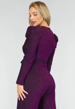 Paarse Glitter Puff Jumpsuit met Tailleband