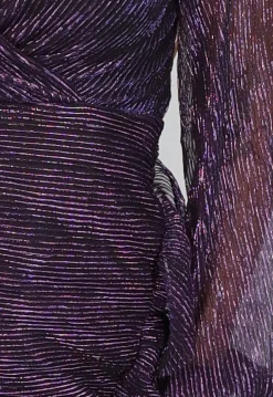 Paarse Glitter Ruches Jurk met Pofmouwen