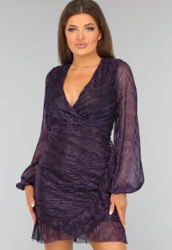 Paarse Glitter Ruches Jurk met Pofmouwen