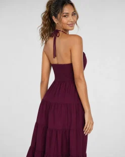 Paarse Halter Midi Jurk met Volants en Elastische Band