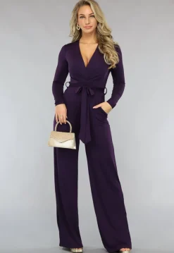 Paarse Jumpsuit met Wijde Pijpen en Tailleband