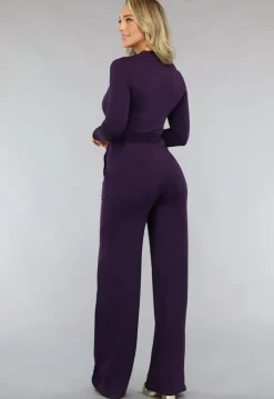 Paarse Jumpsuit met Wijde Pijpen en Tailleband