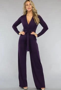 Paarse Jumpsuit met Wijde Pijpen en Tailleband