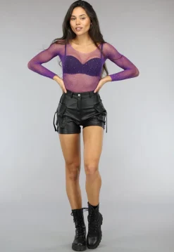 Paarse Longsleeve Bodysuit met Strass Steentjes
