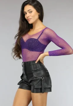 Paarse Longsleeve Bodysuit met Strass Steentjes