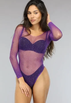 Paarse Longsleeve Bodysuit met Strass Steentjes