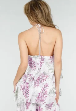 Paarse Maxi Halter Jurk met Bloemenprint en Gelaagde Ruches
