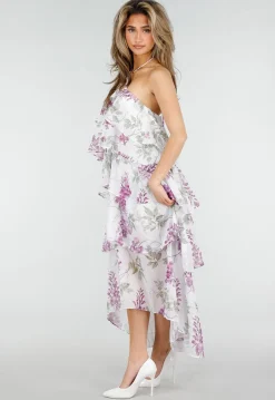 Paarse Maxi Halter Jurk met Bloemenprint en Gelaagde Ruches