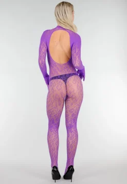Paarse Mesh Bodystocking met Lange Mouwen