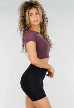 Paarse Mesh Crop Top met Korte Mouwen en Cut Out
