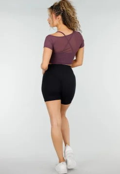 Paarse Mesh Crop Top met Korte Mouwen en Cut Out