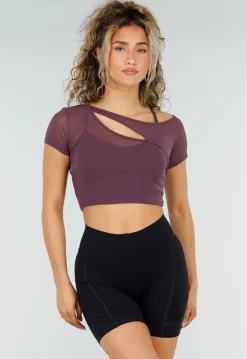 Paarse Mesh Crop Top met Korte Mouwen en Cut Out