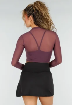 Paarse Mesh Crop Top met Lange Mouwen en Cut Out