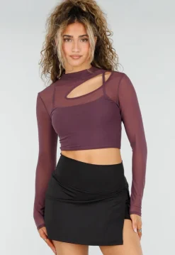 Paarse Mesh Crop Top met Lange Mouwen en Cut Out