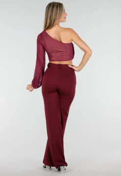 Paarse One Shoulder Top met Afneembare Mouw en Stretch