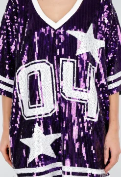Paarse Oversized Pailletten Jersey Top met V Hals