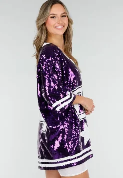 Paarse Oversized Pailletten Jersey Top met V Hals