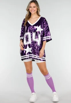 Paarse Oversized Pailletten Jersey Top met V Hals