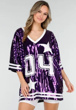 Paarse Oversized Pailletten Jersey Top met V Hals