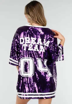 Paarse Oversized Pailletten Jersey Top met V Hals