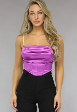 Paarse Satijnen Gedrapeerde Top met Korset Look