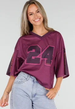 Paarse Stretch Mesh Oversized Jersey T-Shirt met V-Hals
