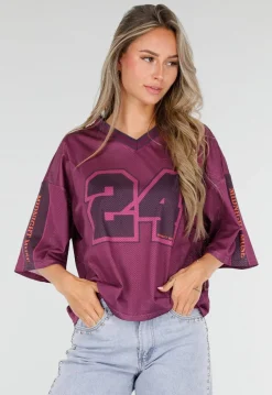 Paarse Stretch Mesh Oversized Jersey T-Shirt met V-Hals