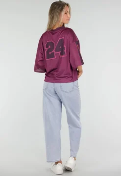 Paarse Stretch Mesh Oversized Jersey T-Shirt met V-Hals