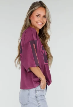 Paarse Stretch Mesh Oversized Jersey T-Shirt met V-Hals