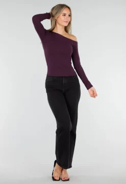 Paarskleurige One Shoulder Stretch Top met Lange Mouwen en Aansluitende Pasvorm