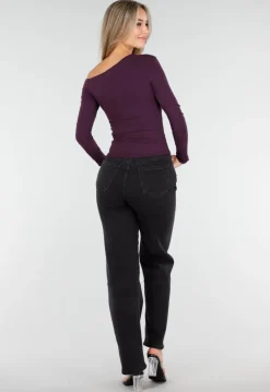 Paarskleurige One Shoulder Stretch Top met Lange Mouwen en Aansluitende Pasvorm