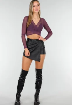 Paars Mesh Wrap Sporttop met Lange Mouwen