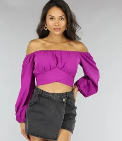 Paars Off Shoulder Topje met Pofmouwen