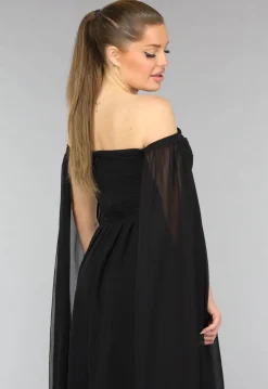 Padded Zwarte Galajurk met Lange Chiffon Mouwen