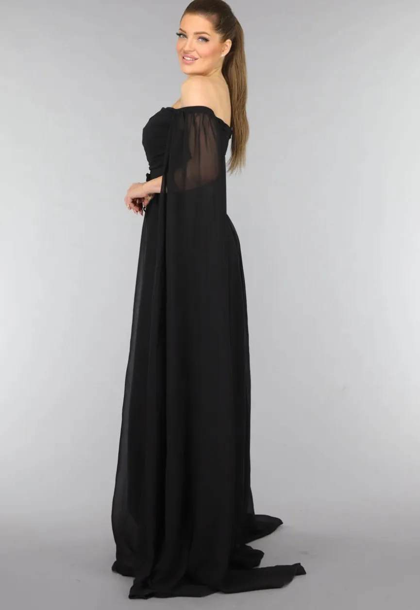 Padded Zwarte Galajurk met Lange Chiffon Mouwen