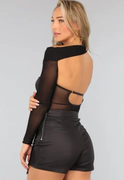 Padded Zwarte One Shoulder Satin Bodysuit met Voorgevormde Cups