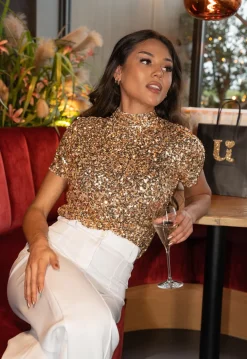Pailletten Top met Korte Mouw Goud