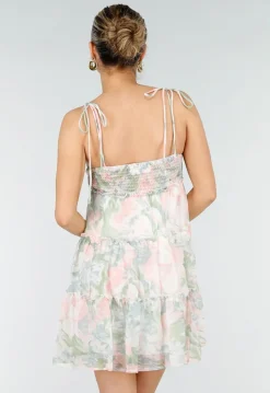 Pastel Bloemenprint Jurk met Spaghettibandjes en Ruches