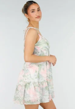 Pastel Bloemenprint Jurk met Spaghettibandjes en Ruches