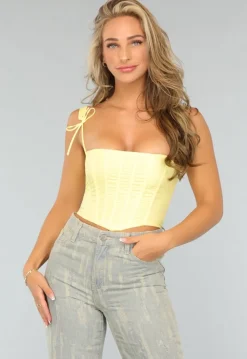 Pastel Gele Korset Top met Strikdetail