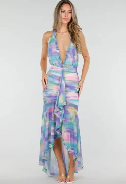 Pastelkleurige Halter Maxi Jurk met Stretch en Open Rug