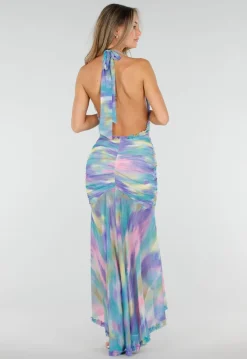 Pastelkleurige Halter Maxi Jurk met Stretch en Open Rug