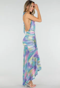 Pastelkleurige Halter Maxi Jurk met Stretch en Open Rug